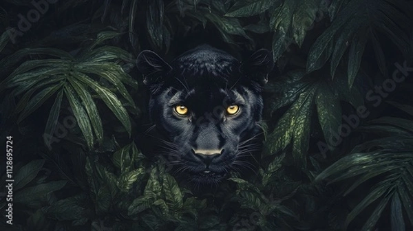 Obraz A sleek black panther gazing intensely into the camera its golden eyes glowing in a dense jungle.