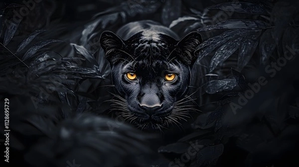 Obraz A sleek black panther gazing intensely into the camera its golden eyes glowing in a dense jungle.