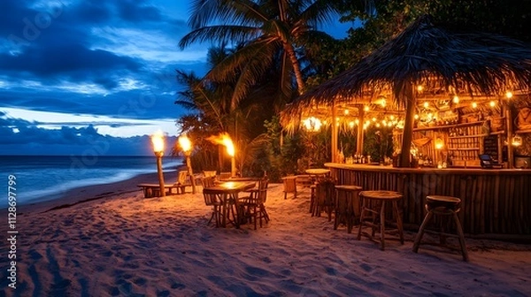 Obraz A tropical beach bar with bamboo structures and tiki torches glowing at twilight.