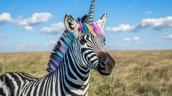Obraz A zebra dressed as a unicorn with a glittery horn and pastel mane standing in a grassy plain.