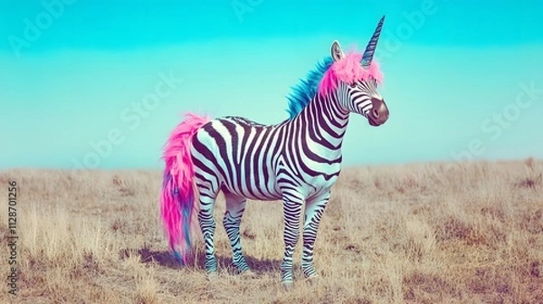Obraz A zebra dressed as a unicorn with a glittery horn and pastel mane standing in a grassy plain.