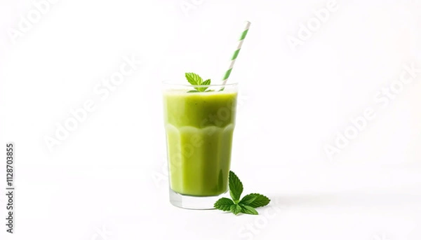 Obraz Vibrant Green Wellness Smoothie with Fresh Mint on Clean White Background