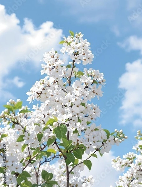 Fototapeta Beautiful white syringa blossoms against clear blue sky, isolated, contrast, botanical, background, sunny