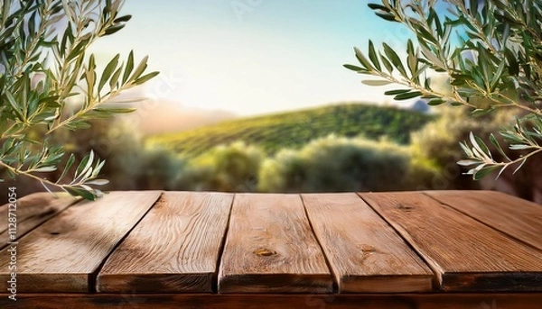 Obraz natural wooden table and organic cloth with olive tree plant product placement mockup design background outdoor tropical summer scene with rustic vintage countertop display