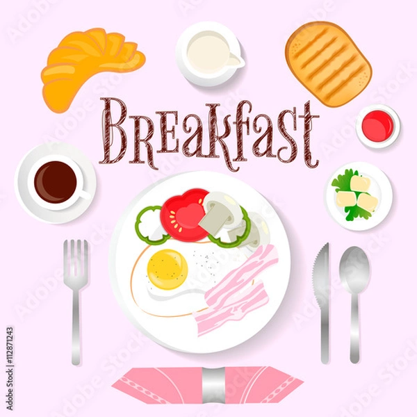 Fototapeta Breakfast bacon and eggs and fresh vegetables, coffee with cream