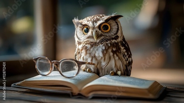 Obraz A clever owl dressed as a professor with tiny glasses and a miniature book on a wooden desk.