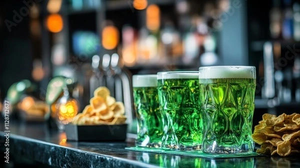 Fototapeta St Patrick Day concept Glasses of green beer and crisps on bar counter and blurred background
