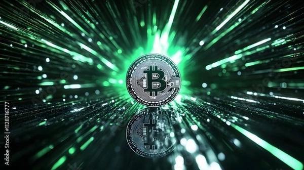 Obraz A glowing Litecoin coin on a reflective black surface surrounded by futuristic green and silver light beams.