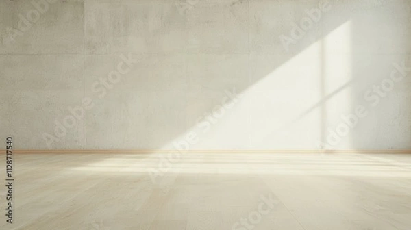 Obraz A minimalist interior with a concrete wall and wooden floor, illuminated by natural light.