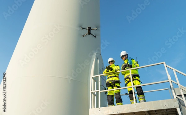 Obraz Two wind turbine or windmill workers or engineer stand on base of the pole and one control drone with discuss together in workplace field.
