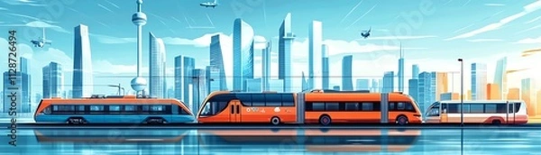 Fototapeta A sustainable global transport system with electric vehicles, ships, and trains running on clean energy, promoting ecofriendly logistics solutions