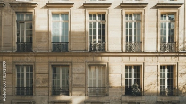 Fototapeta Parisian minimalist building, full wall with windows and doors, sunny afternoon light, serene atmosphere, no people present.