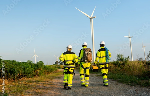 Fototapeta Back of group of wind turbine or windmill workers or technicians carry tools and walk along the road in workplace field with row of wind turbine in the background.