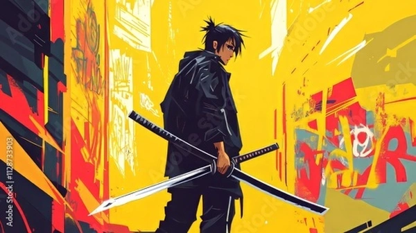Fototapeta a man with a black jacket and a sword. modern anime character. yellow background