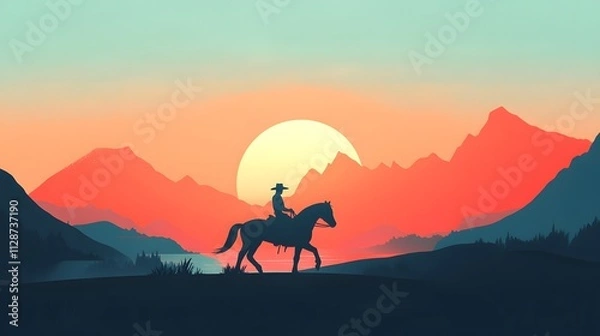 Fototapeta A simple vector illustration of a cowboy riding a horse in the sunset, with a mountains background