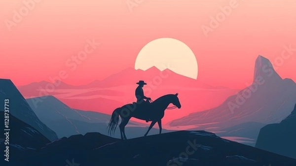Fototapeta A simple vector illustration of a cowboy riding a horse in the sunset, with a mountains background