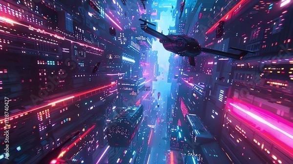 Obraz A futuristic city with neon lights and a spaceship flying overhead.