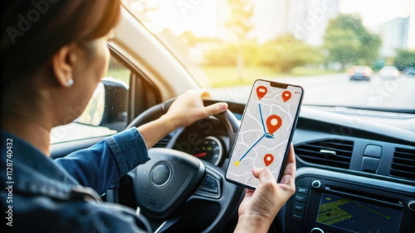 Fototapeta Woman using a smartphone for GPS navigation while driving, showing route and location markers.