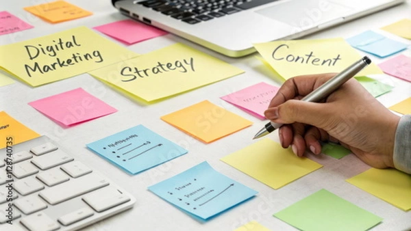 Fototapeta Hand writing on colorful sticky notes with digital marketing terms on a desk.
