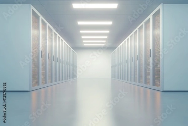 Fototapeta futuristic data center corridor filled with glowing server racks framed by soft ambient light