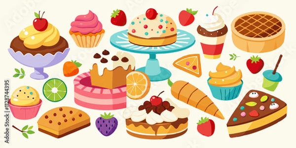 Fototapeta Illustrations of various desserts and pastries including cakes, pies, and ice cream icon set on a white background