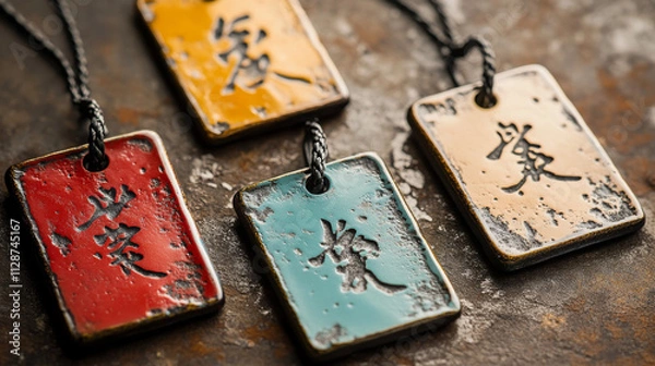 Fototapeta Colorful ceramic charms with intricate designs displayed on a rustic surface in natural lighting