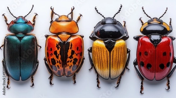 Fototapeta Four vibrant beetles arranged in a row on white background.