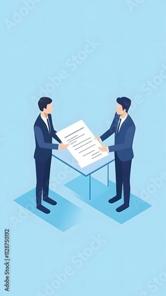 Fototapeta Isometric illustration of two businessmen shaking hands over an off-white table with papers on it, against a blue background, in the style of a vector illustration with a flat design