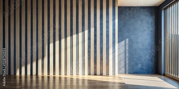 Fototapeta Empty room with a wooden slat wall and a large window casting shadows on the floor
