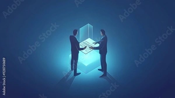 Fototapeta Isometric illustration of two businessmen shaking hands over an off-white table with papers on it, against a blue background, in the style of a vector illustration with a flat design