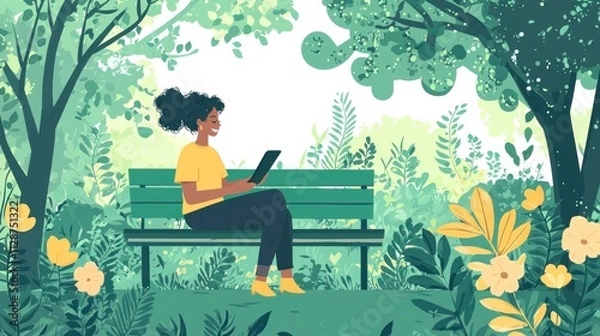 Fototapeta Tranquil Freelancer in Nature - 2D Flat Illustration of a Freelancer Working on Tablet on Park Bench Surrounded by Greenery