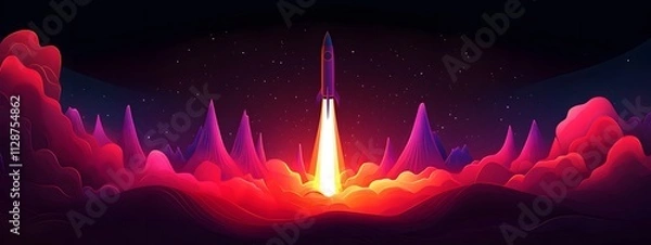 Fototapeta A rocket taking off into space, surrounded by colorful smoke clouds, in the style of vector illustration, flat design