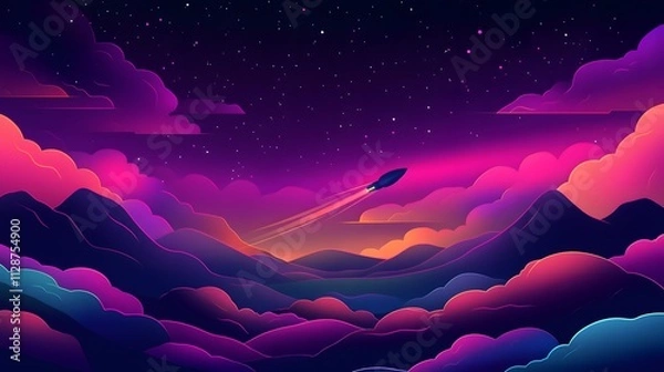 Fototapeta A rocket taking off into space, surrounded by colorful smoke clouds, in the style of vector illustration, flat design
