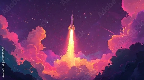 Fototapeta A rocket taking off into space, surrounded by colorful smoke clouds, in the style of vector illustration, flat design