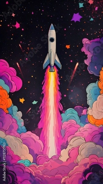 Fototapeta A rocket taking off into space, surrounded by colorful smoke clouds, in the style of vector illustration, flat design