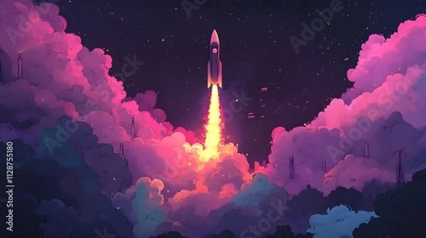 Fototapeta A rocket taking off into space, surrounded by colorful smoke clouds, in the style of vector illustration, flat design