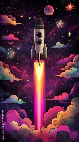 Fototapeta A rocket taking off into space, surrounded by colorful smoke clouds, in the style of vector illustration, flat design