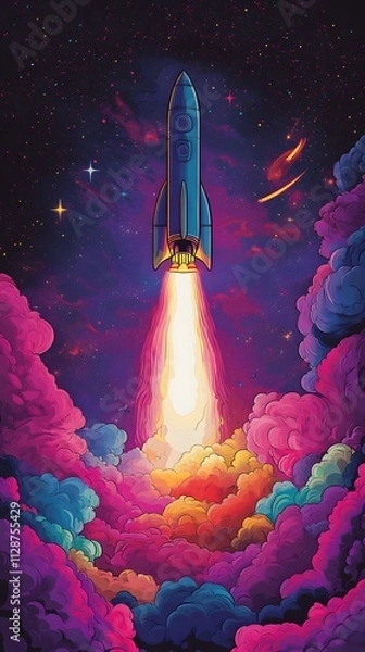 Fototapeta A rocket taking off into space, surrounded by colorful smoke clouds, in the style of vector illustration, flat design