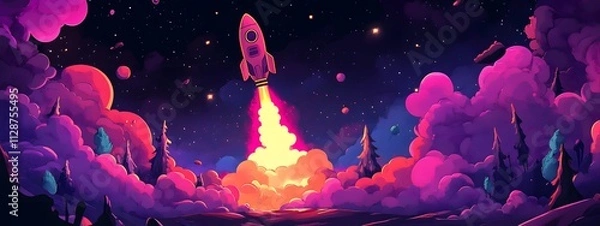 Fototapeta A rocket taking off into space, surrounded by colorful smoke clouds, in the style of vector illustration, flat design