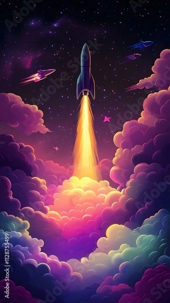 Fototapeta A rocket taking off into space, surrounded by colorful smoke clouds, in the style of vector illustration, flat design