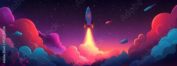 Fototapeta A rocket taking off into space, surrounded by colorful smoke clouds, in the style of vector illustration, flat design