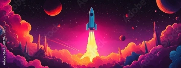 Fototapeta A rocket taking off into space, surrounded by colorful smoke clouds, in the style of vector illustration, flat design