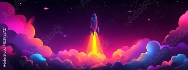Fototapeta A rocket taking off into space, surrounded by colorful smoke clouds, in the style of vector illustration, flat design