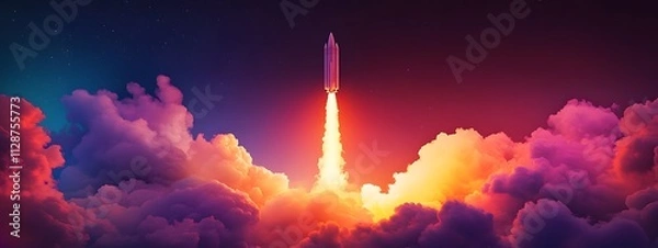 Fototapeta A rocket taking off into space, surrounded by colorful smoke clouds, in the style of vector illustration, flat design