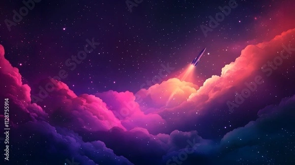 Fototapeta A rocket taking off into space, surrounded by colorful smoke clouds, in the style of vector illustration, flat design