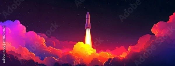 Fototapeta A rocket taking off into space, surrounded by colorful smoke clouds, in the style of vector illustration, flat design