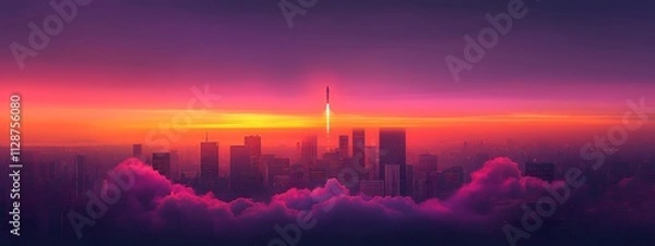 Fototapeta A rocket taking off into space, surrounded by colorful smoke clouds, in the style of vector illustration, flat design