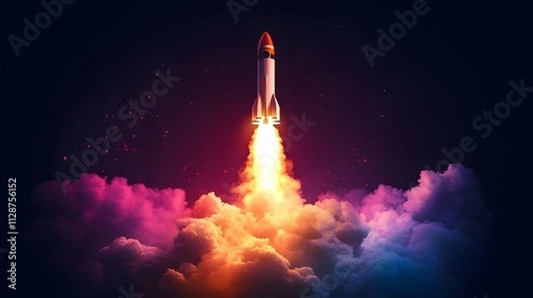 Fototapeta A rocket taking off into space, surrounded by colorful smoke clouds, in the style of vector illustration, flat design