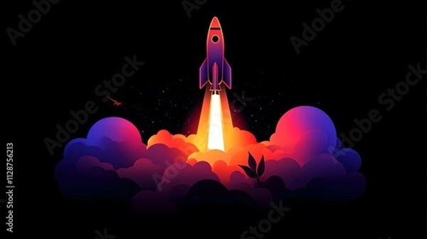 Fototapeta A rocket taking off into space, surrounded by colorful smoke clouds, in the style of vector illustration, flat design
