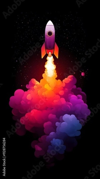 Fototapeta A rocket taking off into space, surrounded by colorful smoke clouds, in the style of vector illustration, flat design